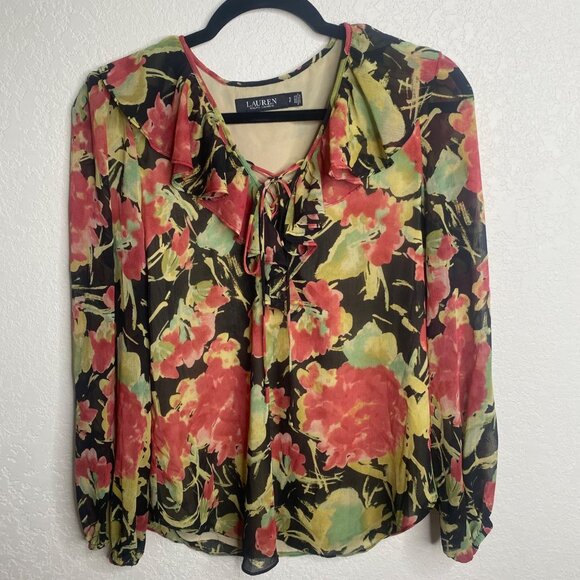 Lauren Ralph Lauren Blouse Womens SP Small P Floral Sheer Lined Ruffle Neck Care - Picture 1 of 12